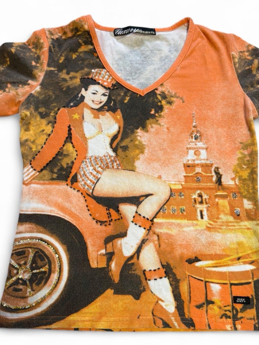 Miss Sixty Y2 k Vintage-Inspired Orange Graphic V-Neck Top no size - Picture 3 of 8